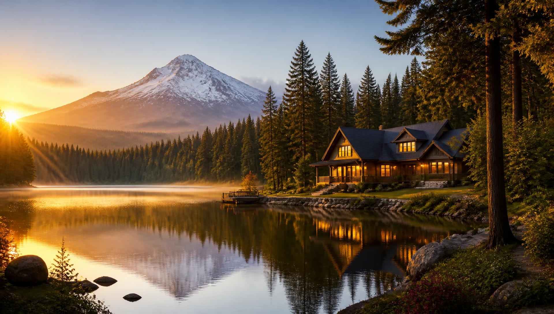 An Oregon lake at sunrise with a snow-capped mountain, evergreen forest and a warmly lit home