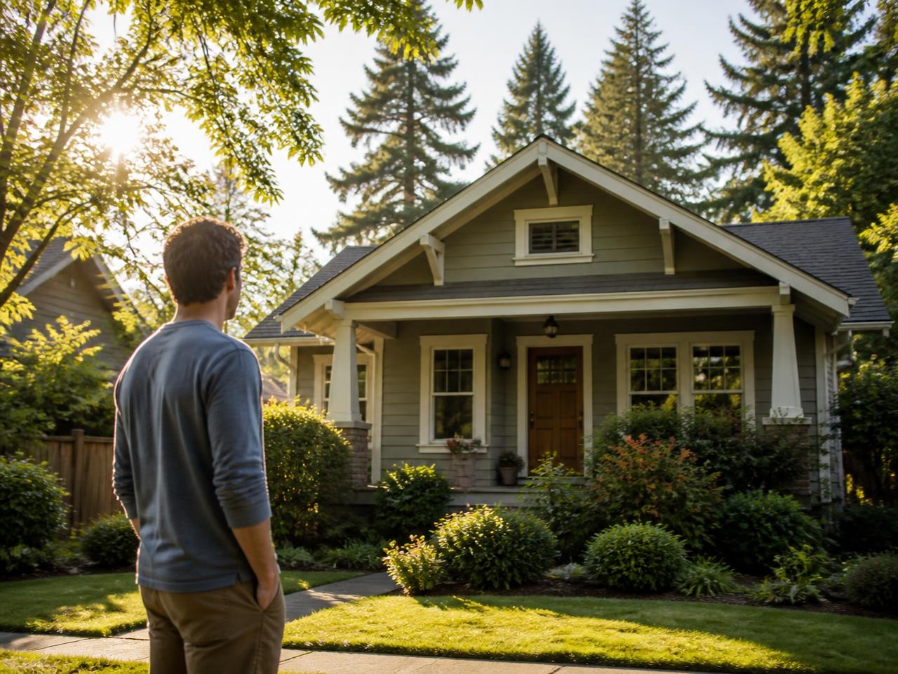 A property owner standing in the front yard looking toward a Pacific Northwest craftsman home in morning light