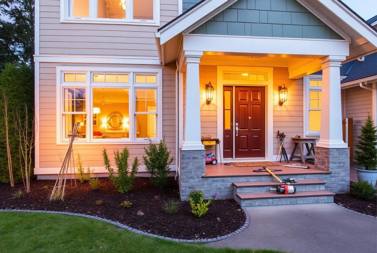 A freshly renovated Pacific Northwest home exterior at dusk