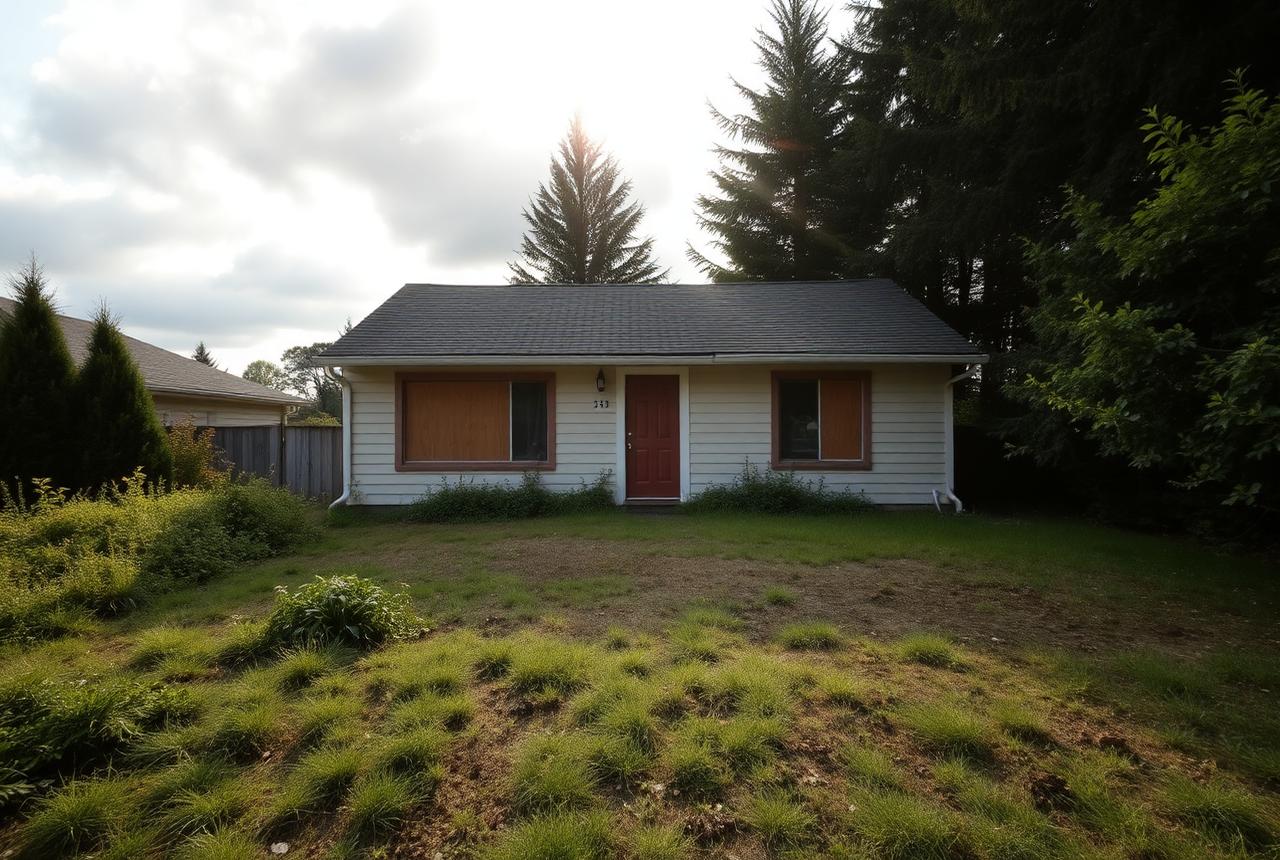A vacant single-story Oregon home with an overgrown yard under soft morning light